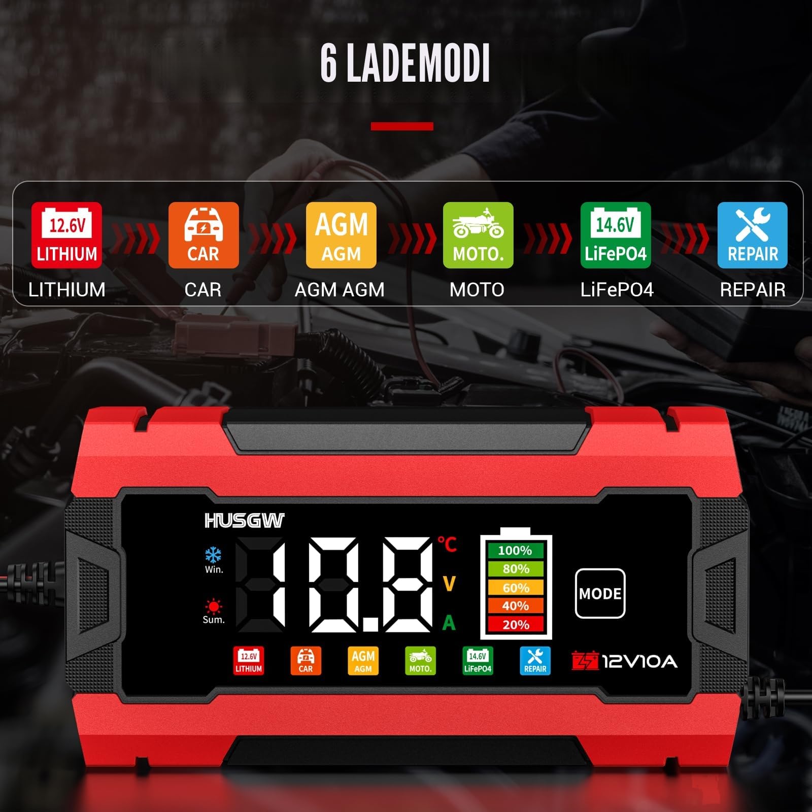 12V 10A Autobatterie Ladegerät mit Farbdisplay, automatischer Abschaltung & Temperaturkompensation, für Auto/Motorrad (AGM/EFB/Gel/LiFePO4), 6-Fach Schutz(Rot 10)