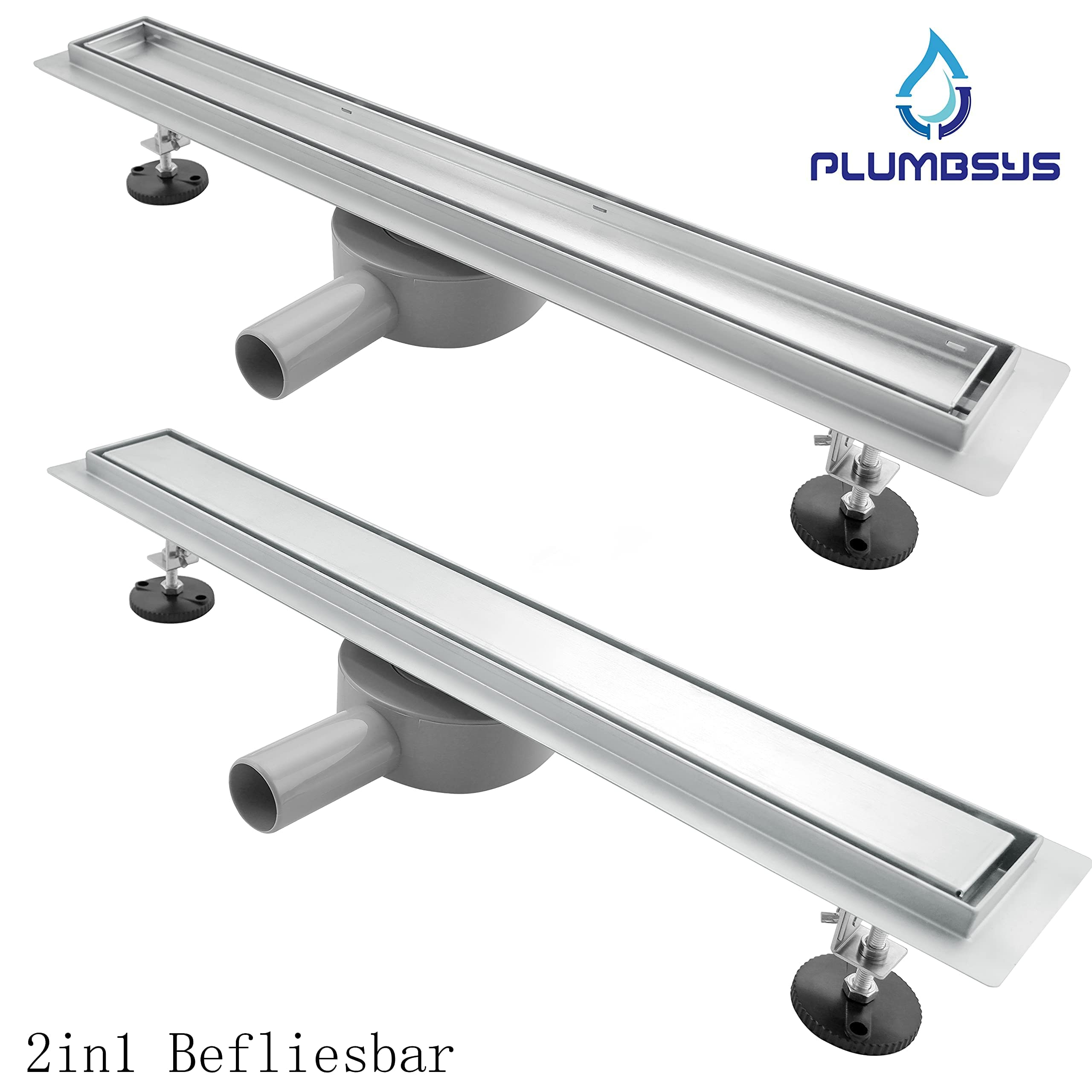 Caniveau de Douche Acier INOX,90cm，Réglable Le 2en1 Carreler Caniveau，Caniveau de Douche avec Siphon pivotant à 360 ° bloqueur d'odeurs et Filtre à Cheveux，Drainage Rapide