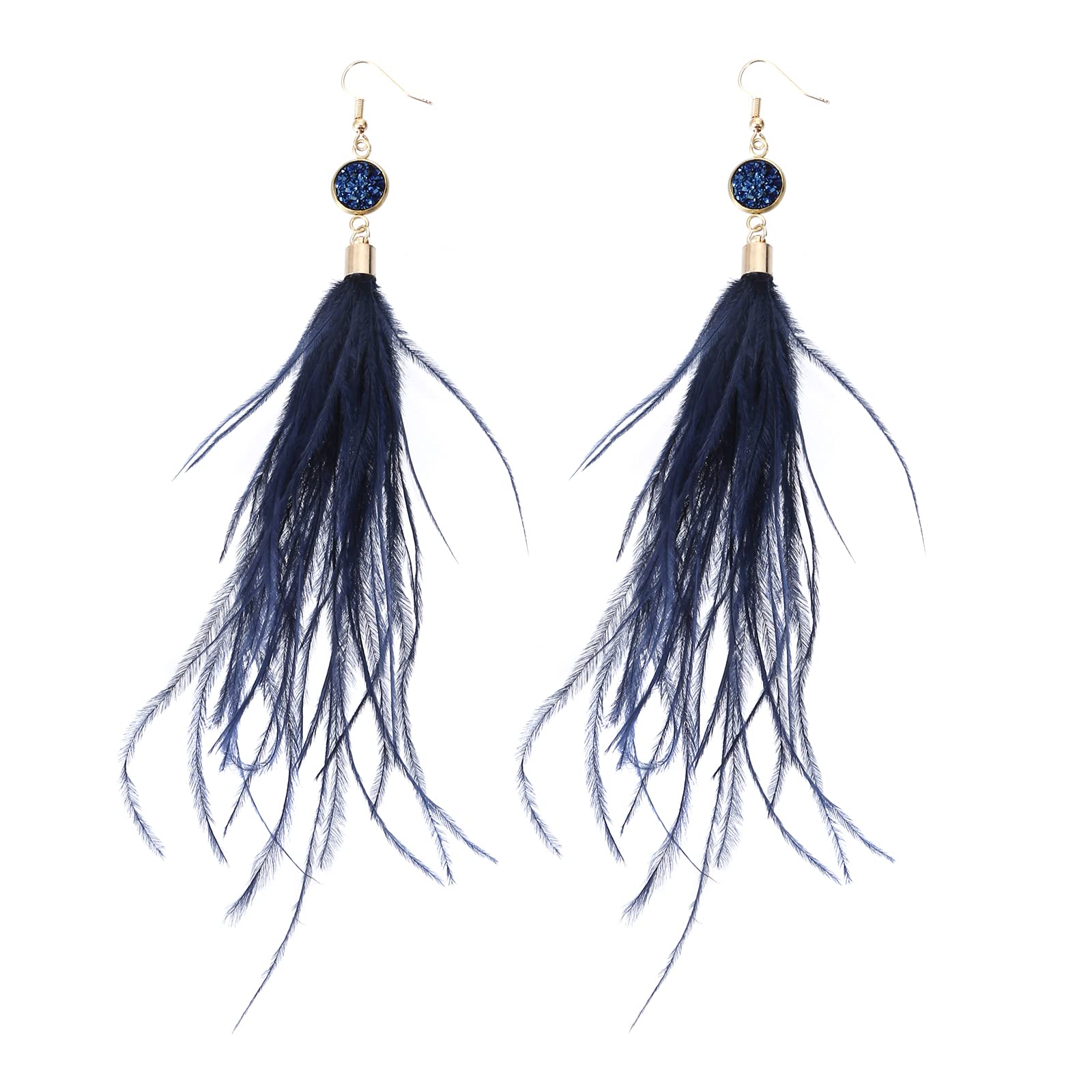 RUOFFETA Long Feather Earrings for Women, Bohemian Elegant Delicate Faux Druzy Charms Dangle Earrings