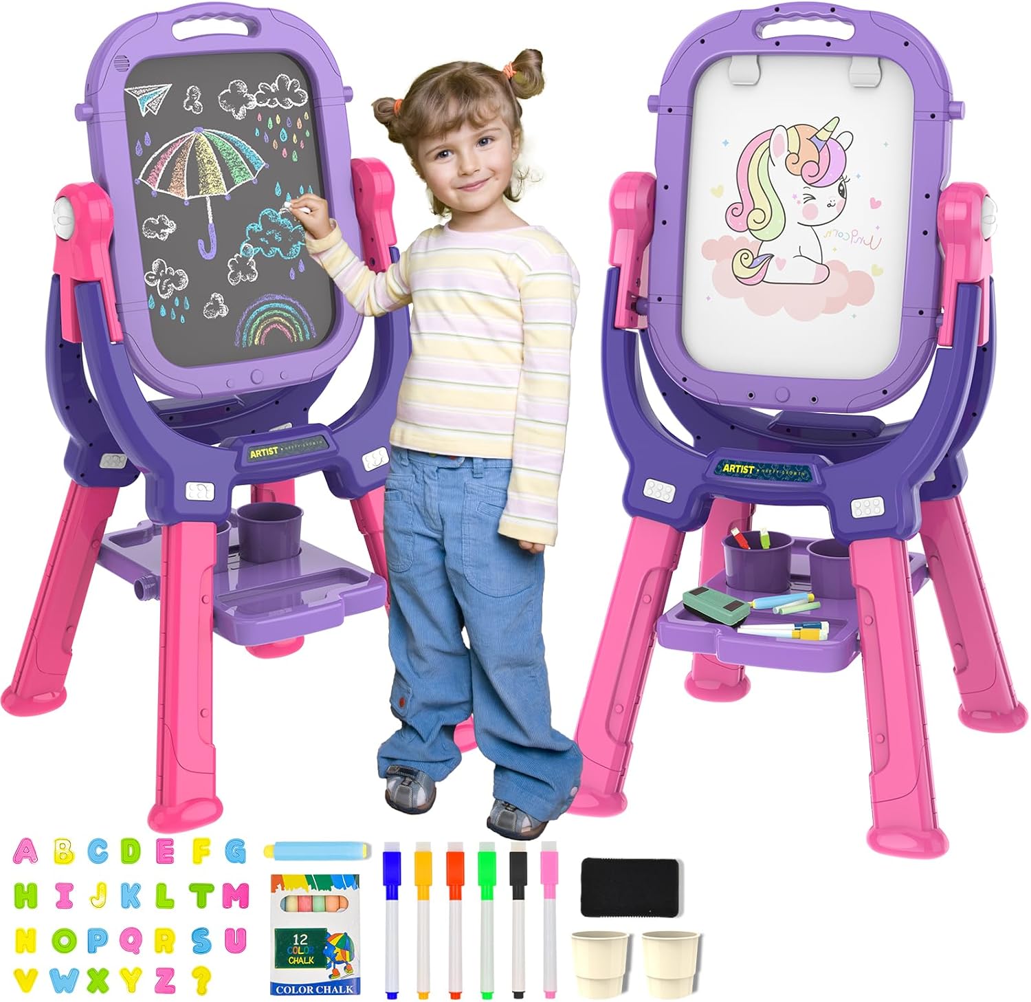 Easel for Kids, Adjustable Standing Rotatable Double Sided Toddlers Art Easel with Painting Accessories, Drawing Board Gift for Boys and Girls, Girl Birthday Gift, Purple