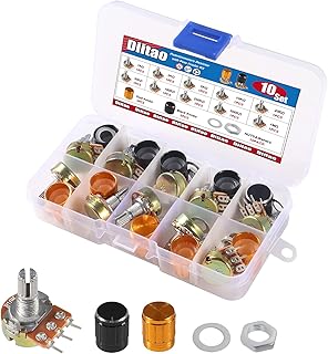 10Pack Potentiometer Kit 1K-1M Ohm 3 Terminals Single Linear Taper Rotary Pots Variable Resistor with 5 Black and 5 Gold Knobs Nuts and Washers(B1K, B2K,B5K, B10K, B20K,B50K, B100K,B250K,B500k,1M)