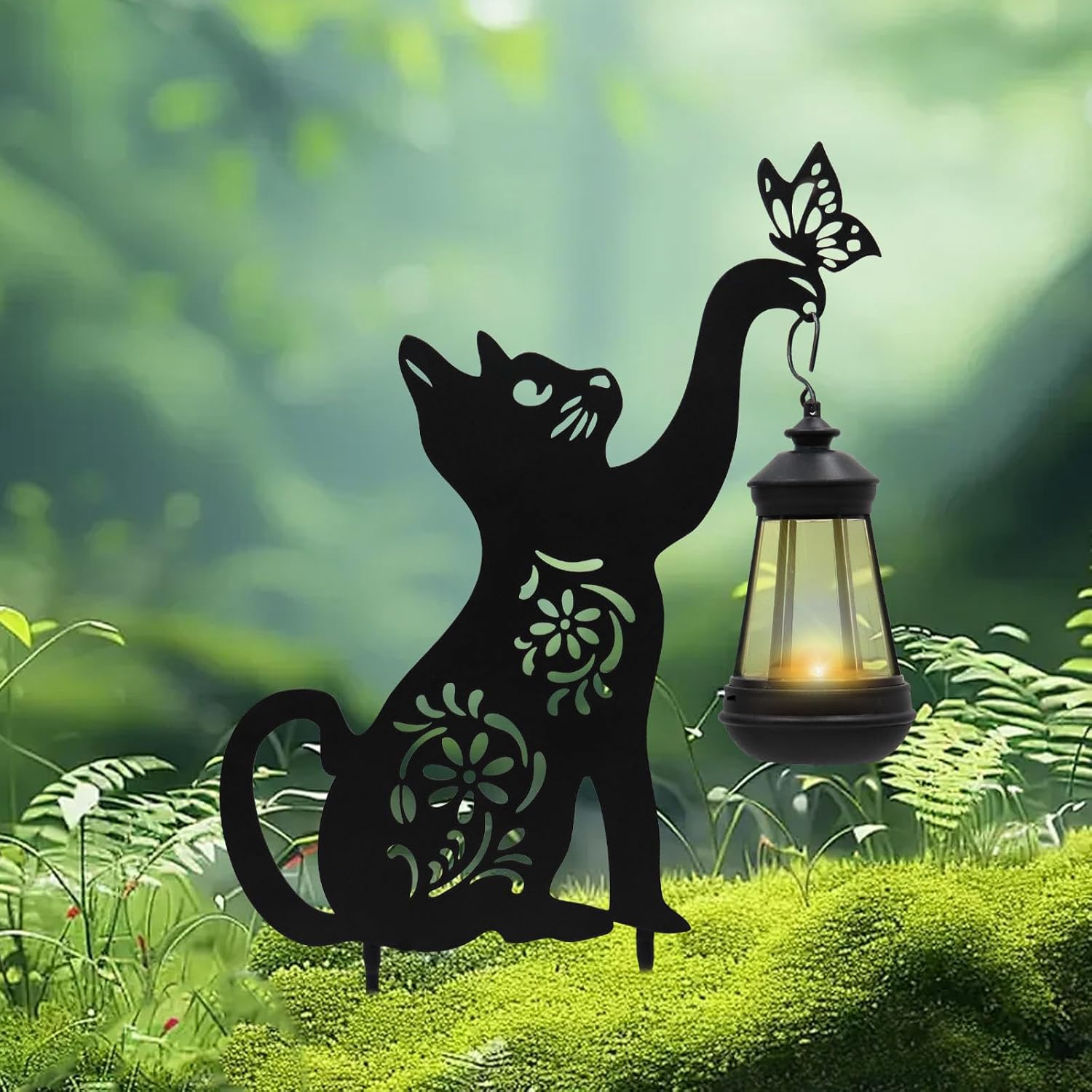 Yard Decorations, Black Metal Cat Stake with Solar Light for Outdoor, Cat Garden Decor, Garden Decoration, Cat Silhouette, Outdoor Solar Decorative for Garden, Lawn, Yard