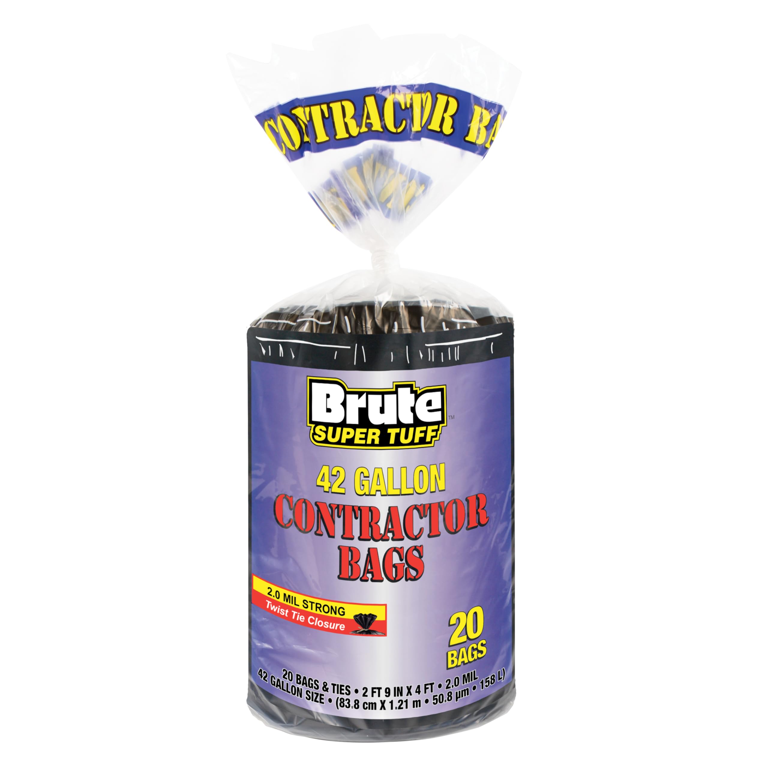 Brute Super Tuff 20 sacchi per la spazzatura grandi e robusti, con chiusura per annodare, 177 litri, colore nero