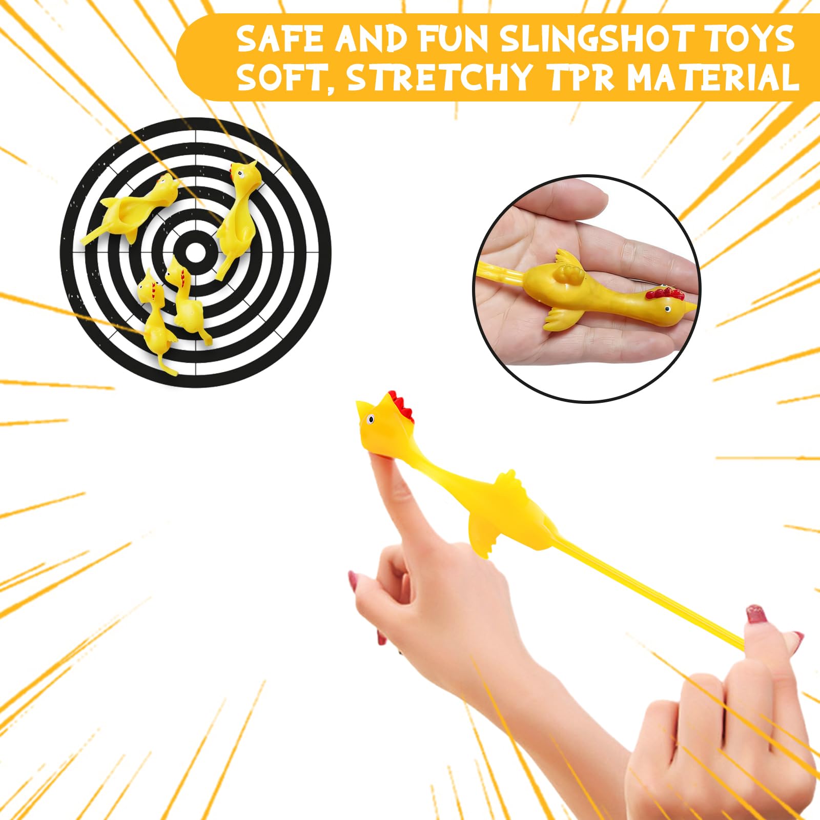 TEESSUE 40 Pcs Flying Chicken Slingshot Party Favors for Kids Adults, Bulk Gag Goodie Bags Stuffers for Kids, Rubber Chickens Sling Shot, Funny Gag Gifts for Prankster, Carnival Prizes, Prank, Rave