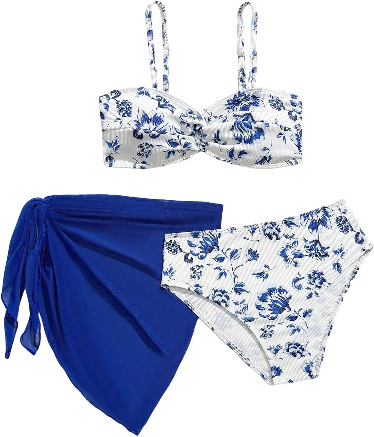 OYOANGLE Girl's 3 Piece Swimsuits Floral Twist Bikini Set with Cover Up Sheer Knot Side Beach Sarongs