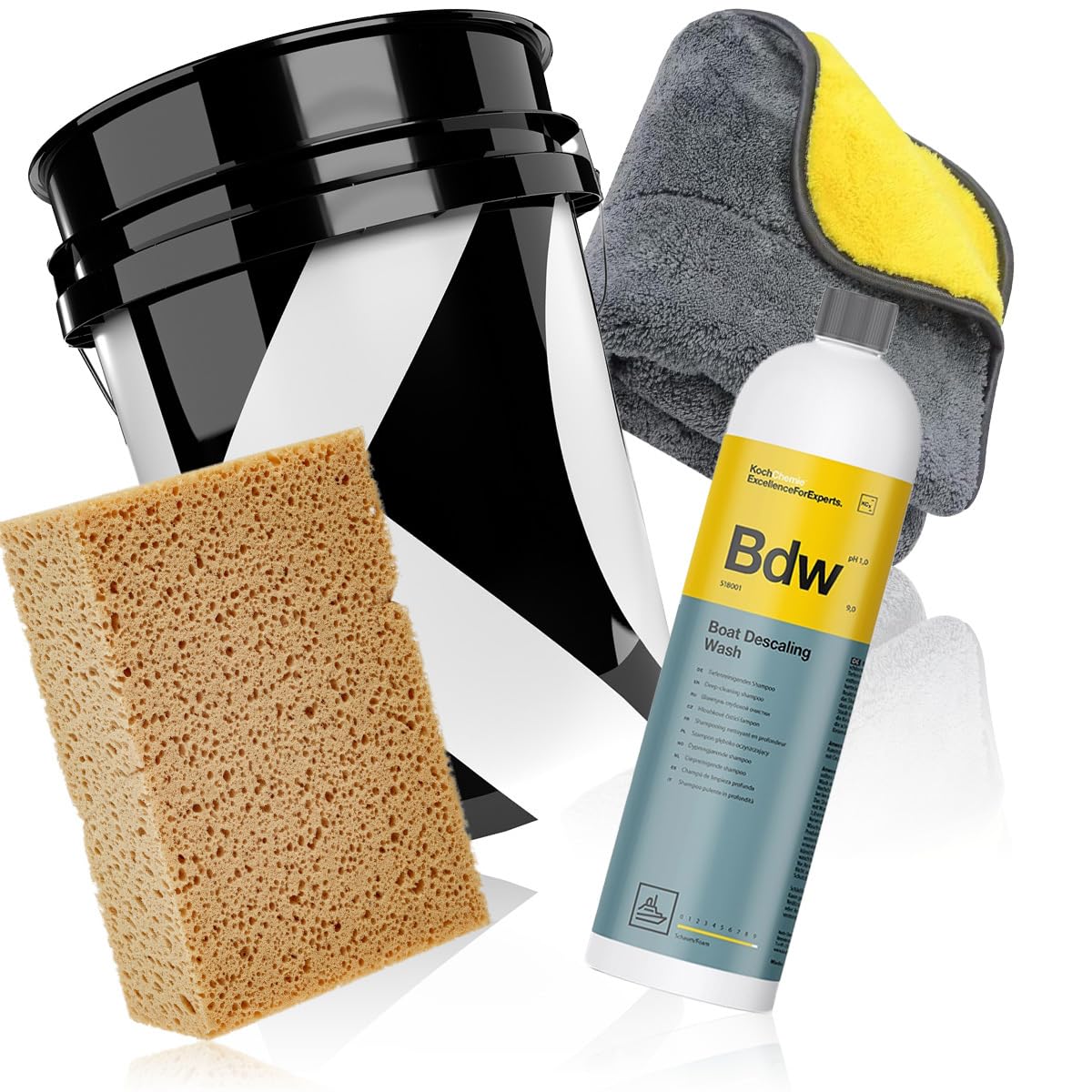 wortek Koch Chemie Marine Wash zestaw do czyszczenia łodzi, zawiera wiadro do mycia łodzi, szampon 1 l, gąbka do mycia i ściereczka do osuszania, środek do czyszczenia jachtów, środek do czyszczenia