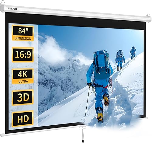 WASJOYE Pantalla de proyector de 84 pulgadas manual desplegable – Pantalla de proyección retráctil HD 16:9 con bloqueo automático – Pantalla de