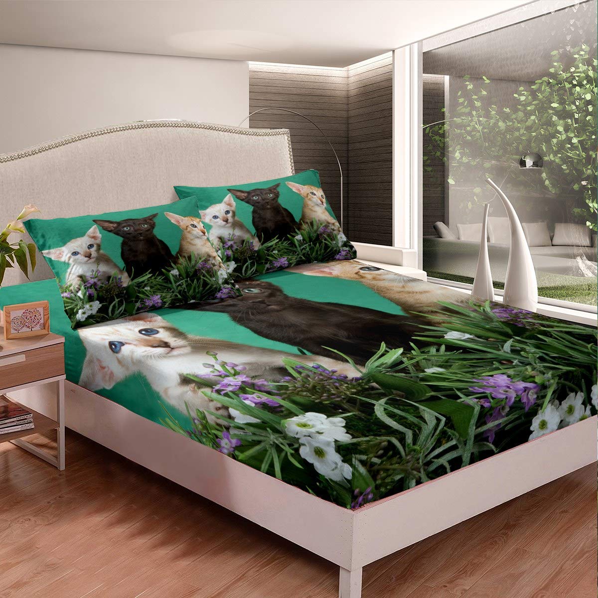 Set di biancheria da letto per bambini e gatti con motivo di gatto per bambini e ragazze, con stampa di gattini in 3D, traspirante, motivo floreale, decorazione per la camera singola