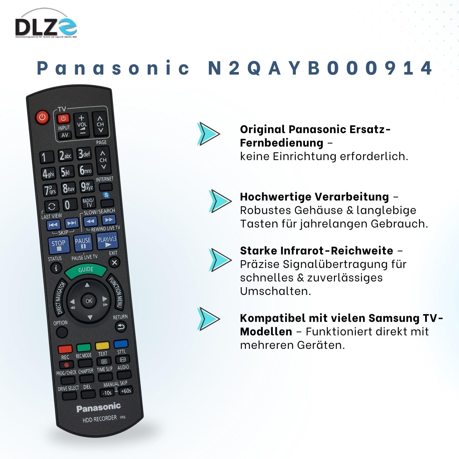 Panasonic N2QAYB000914 Télécommande d'origine pour enregistreur de disque dur Panasonic Blu-ray compatible avec DMR-HCT130 EG, DMR-HCT230 EG, DMR-HST130 EG, DMR-HST230 EG, DMR-BST800, DMR-HCT130 EG