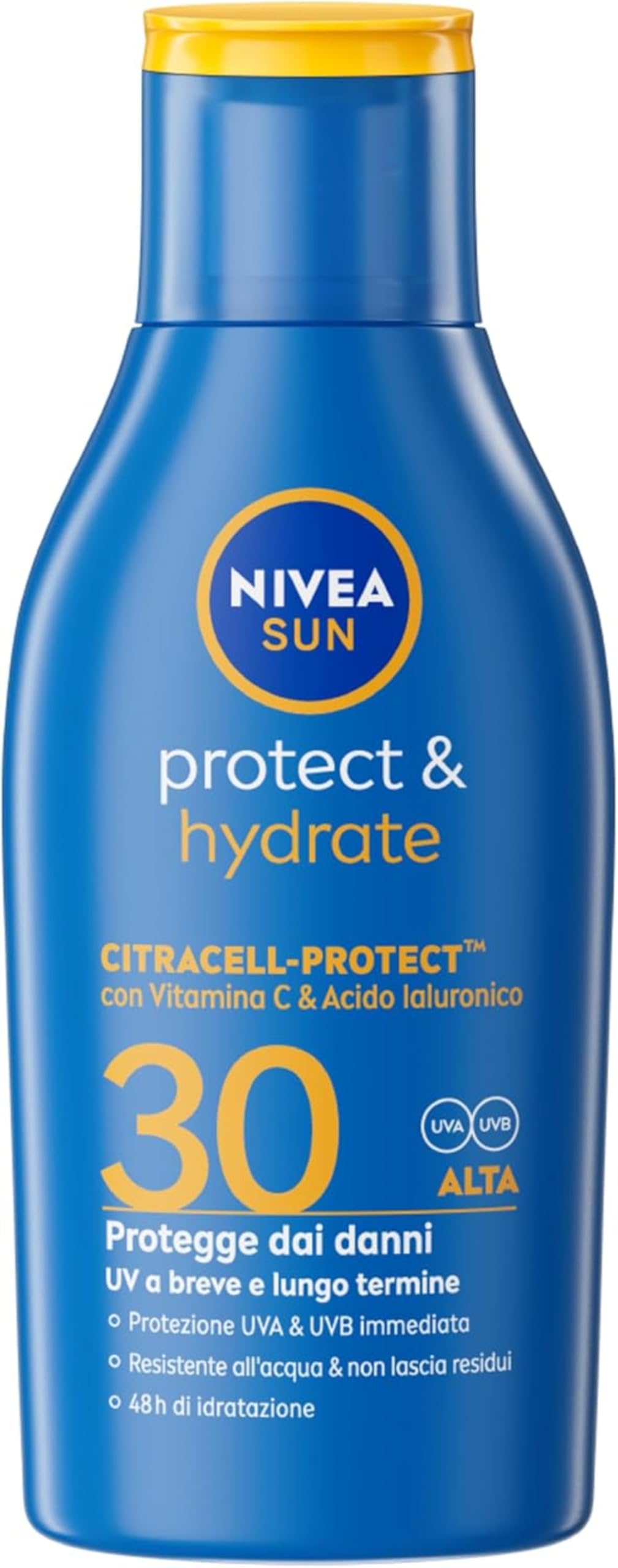 NIVEA SUN Protect & Hydrate SPF 30 Formato Viaggio 100 ml, Crema solare 30 idratante 48h ad assorbimento rapido, Protezione solare 30 resistente all'acqua con Vitamina C e Acido Ialuronico