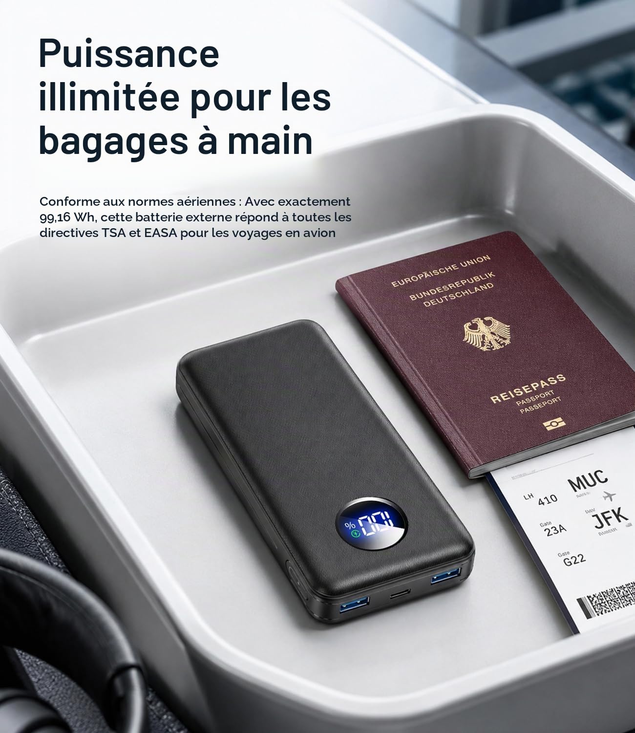 Powerbank 26800 mAh, 22,5 W, fonction de charge rapide, batterie externe avec 3 sorties (USB-C 20 W PD 3.0 & QC 3.0 USB-A), chargeur compact pour iPhone 17, 16, 15, Samsung, iPad, charbon