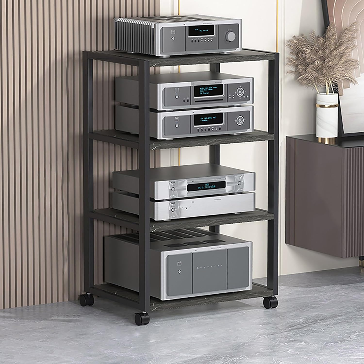 Modern Vinyl Record Storage Console Stand for Entertainment Center Stereo Component and Bedroom Multi Layer Media Cabinet for Living Room Stylish Record Player Stand for Home Audio System.