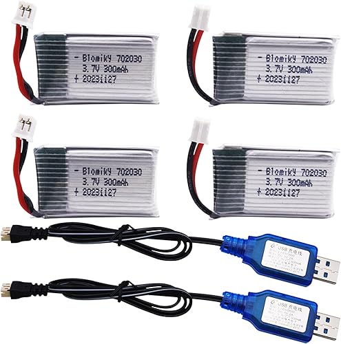 Blomiky Paquete de 4 baterías Lipo de 3.7 V 1S 300 mAh con enchufe Ph2.0 y 2 cables USB adecuados para algún tipo de dron MIni Nano RC Quadcopter