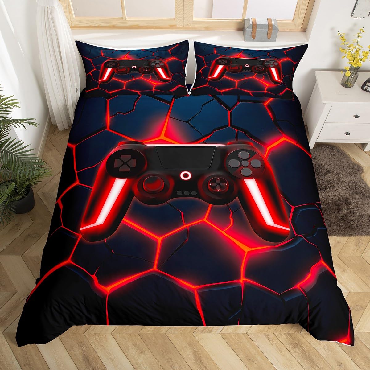 Homewish Boys Gaming Single Duvet Cover Set Kids Gamer Gamepad Bedding Abstract Geometric Honeycomb Quilt Cover with 1 Pillowcase