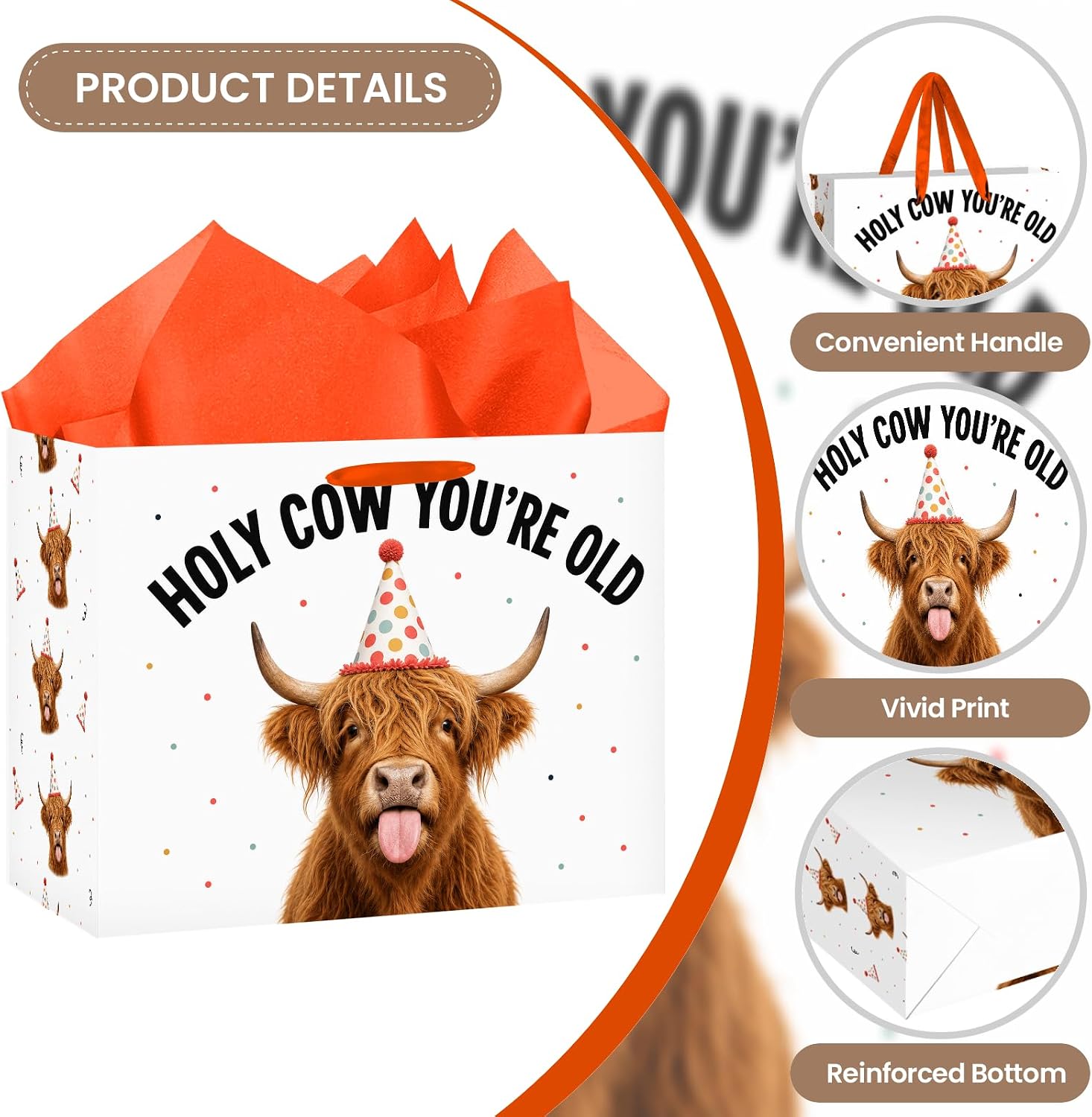 Neptniopllab Holy Cow You’re Old Birthday Gift Bag Set with Greeting Card and Orange Tissue Paper, Funny Highland Cow Wrapping for Men and Women, Adult Milestone Parties image 3