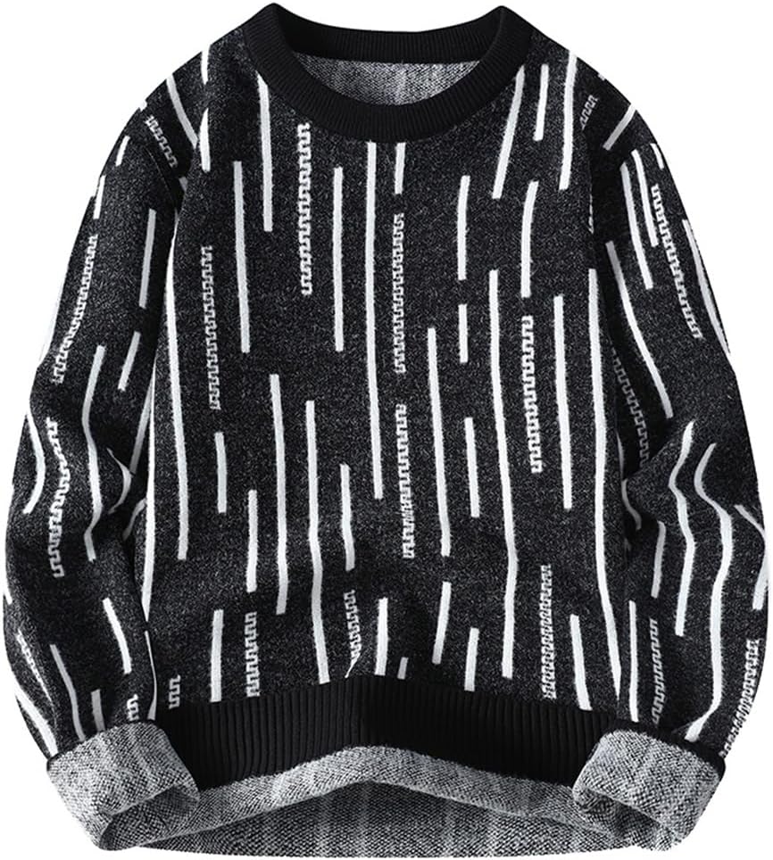 Men's Round Neck Sweater with Vertical Stripes in Autumn and Winter, paired with Loose Bottomed Knit Sweater