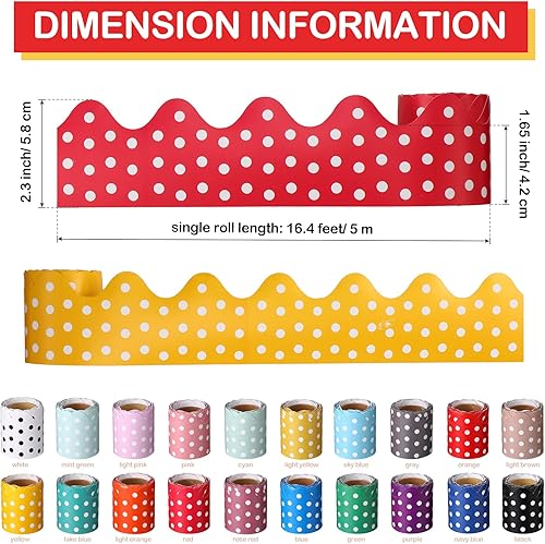 Miniatura 3 de 20 rollos de 328 pies con bordes festoneados para tablón de anuncios de lunares, coloridos bordes de tablón de anuncios, bordes de aula para tablón