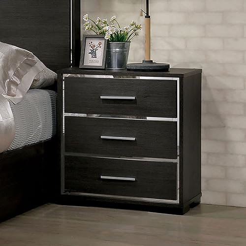 1x Nightstand Solid Wood Warm Gray Sleek Modern Lines Chrome Trim Insert Contemporary Bedroom Furniture