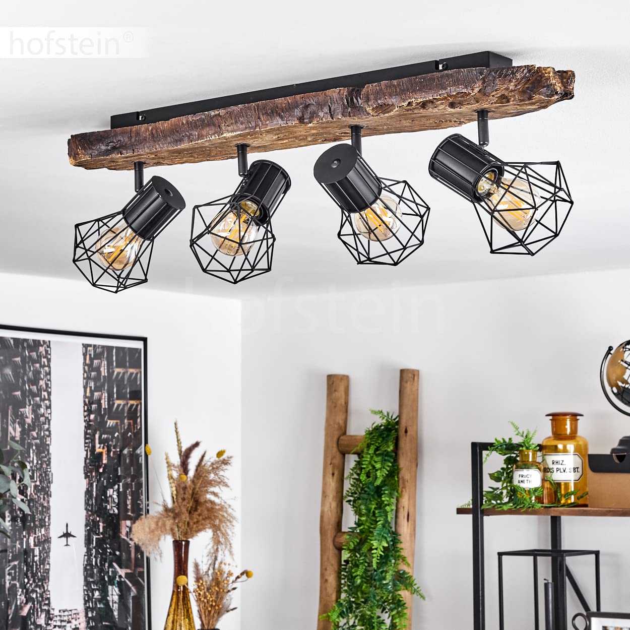 HOFSTEIN Deckenleuchte Bardhaman, verstellbare Deckenlampe aus Metall in Schwarz/Holzoptik, Leuchte im Industrial/Retro/Vintage-Design mit Lichteffekt, 4 x E27, Wohnzimmer, Esszimmer, Schlafzimmer