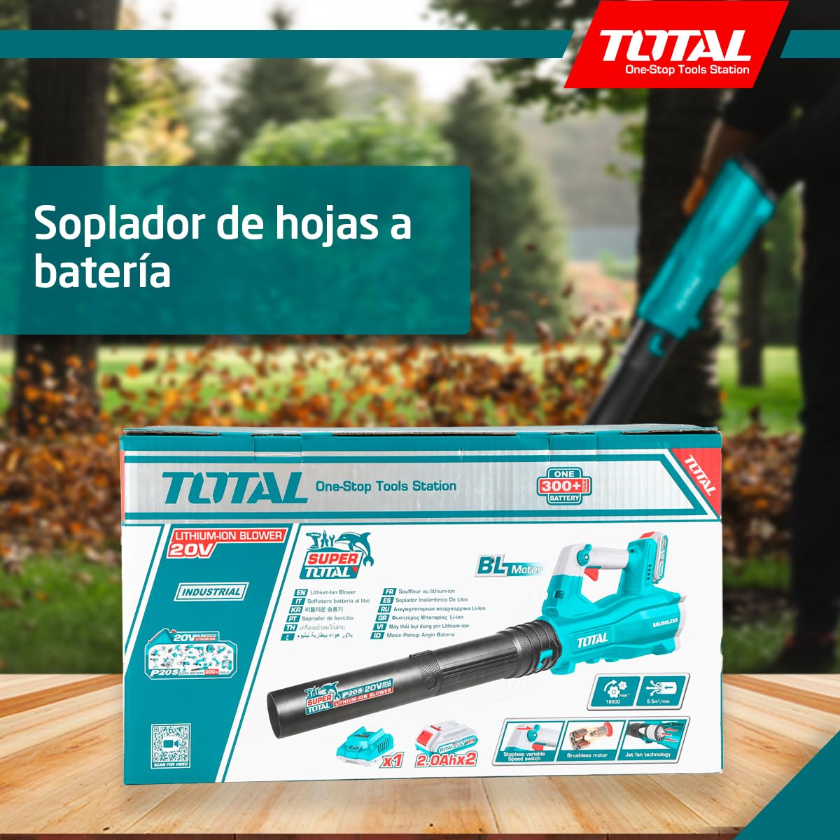 TOTAL - Soplador Brushless a Batería - 83 x 25 x 3 cm - Azul - Volumen de 8,5 m3/min - Soplador con Control de Velocidad Variable para Limpieza de Hojas