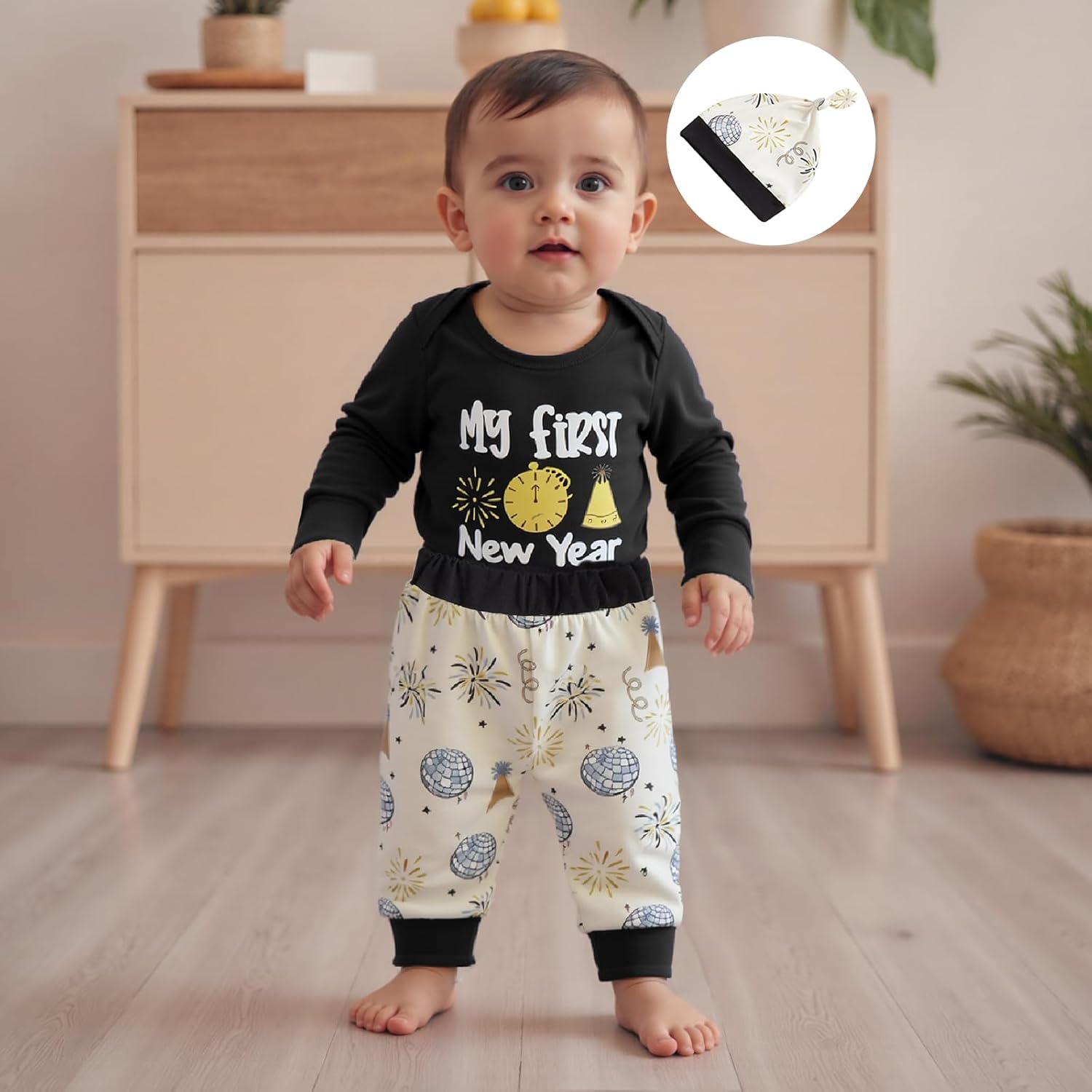 My First New Year Baby Boy Outfit Newborn Letter Print Long Sleeve Romper Top Balloon Pants with Hat 3 Piece Sets - Image 3