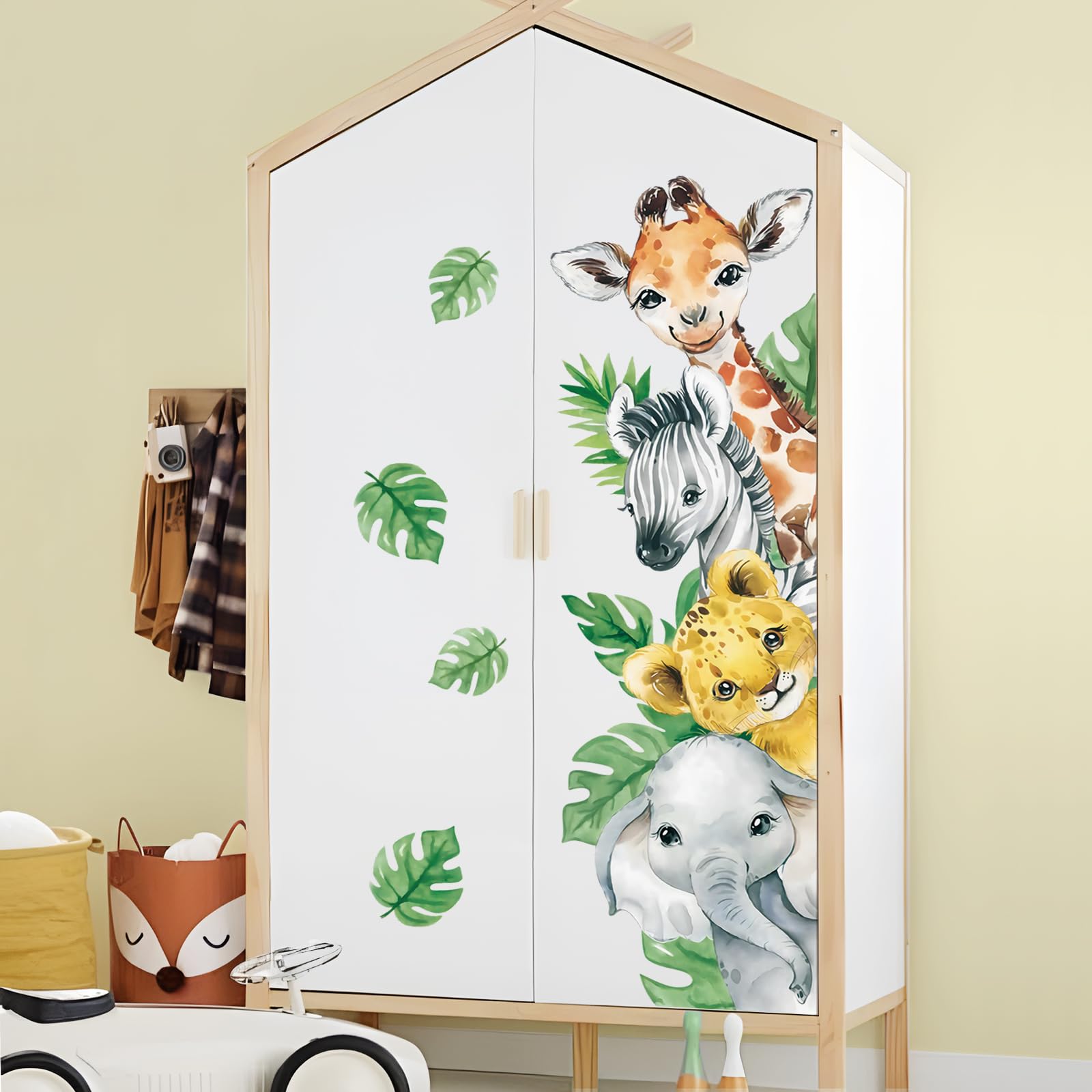 Tanlaby Adesivi Murali Animali Giungla Adesivi da Parete Animali Safari Stickers Murali Giraffa Zebra Verde Foglie Stickers Muro per Bambini Camerette Camera da Letto Asilo Nido