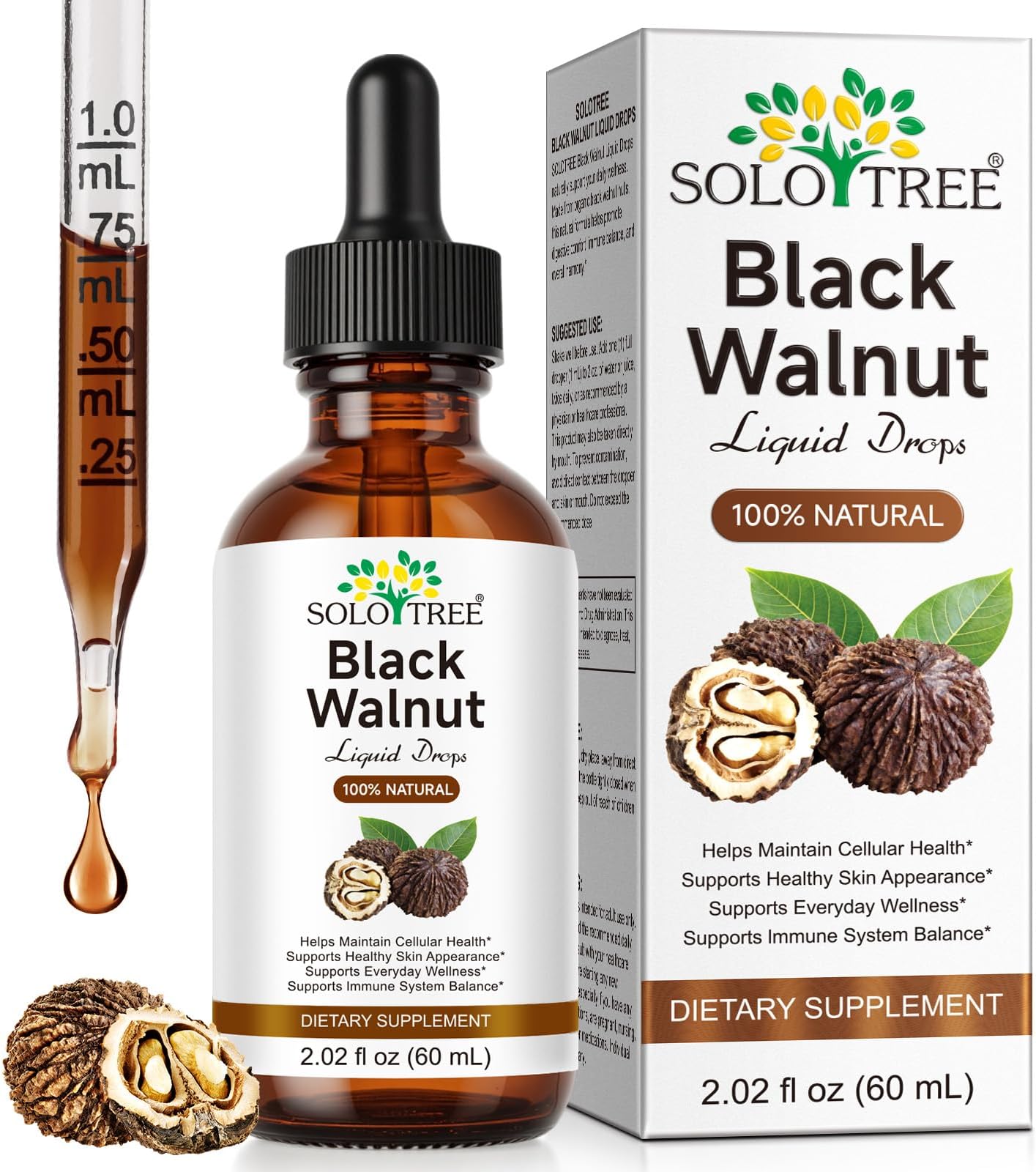 Black Walnut Drops 60ml, Black Walnut Hull Liquid Extract, Maintain Cellular Health, Supports Healthy Skin, Supports Lmmune System Balance, Alcohol-Free, Sugar-Free, 100% Natural Formula