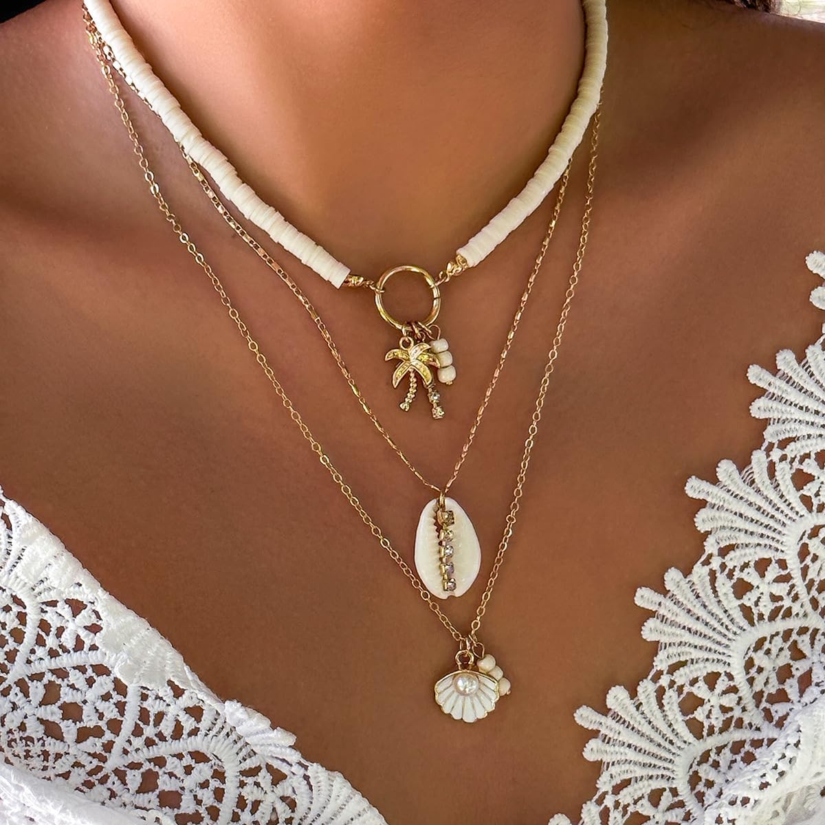 Bohemian Surfer Heishi Bead Layered Choker Necklace with Shell Conch Sea Turtle Charm Pendant Hawaii Holiday Beach Wedding Starfish Long Necklaces Set for Women and Girls - Image 3