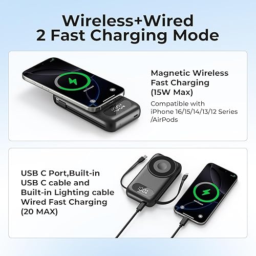 Miniatura 5 de Cargador portátil magnético de 26800 mAh para iPhone 171615141312 con cables incorporados, banco de energía inalámbrico 6 en 1 con cargador iWatch y