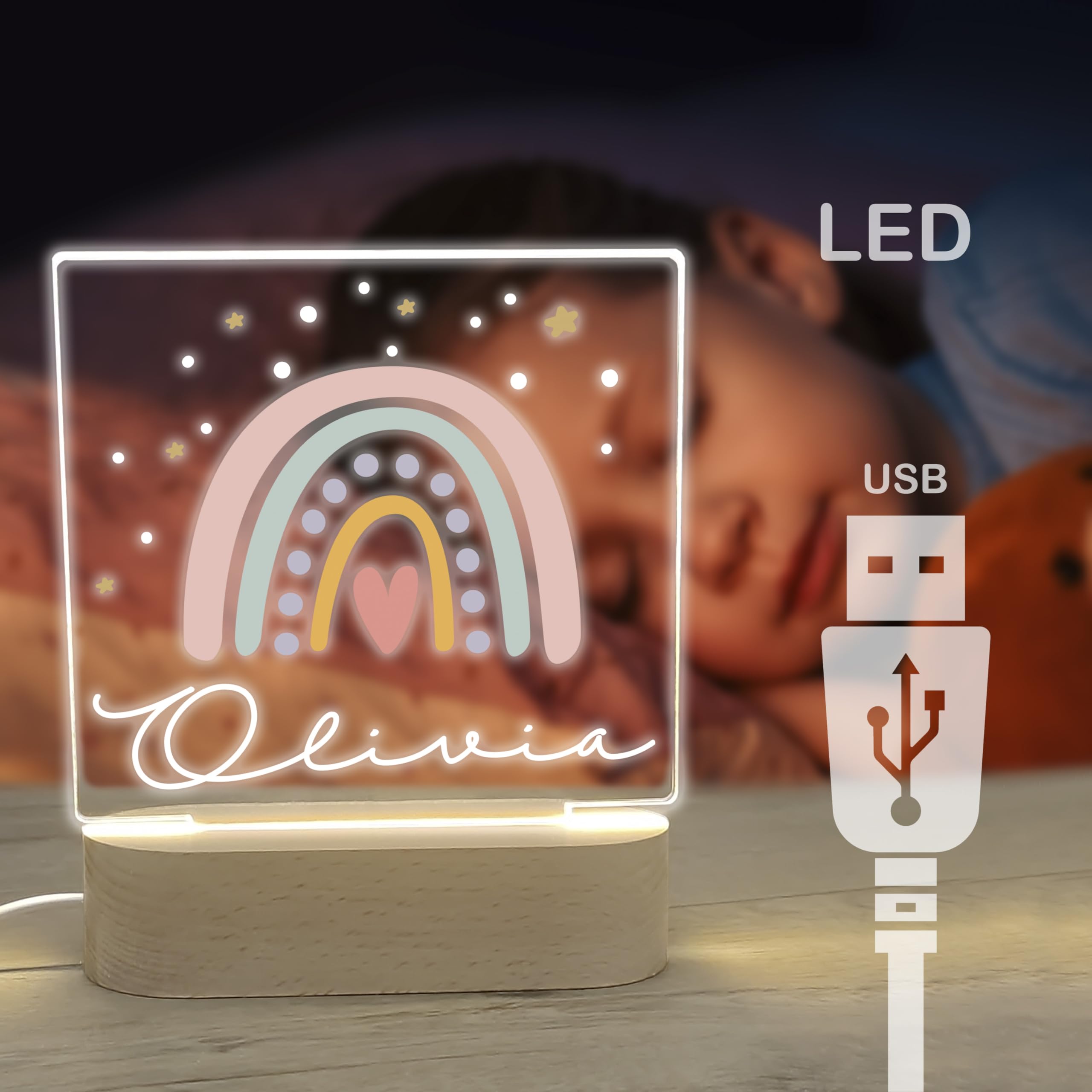Lampara Quitamiedos Infantil Personalizada con Nombre Bebés Recien Nacidos de Metacrilato Acrilico Madera con Led Luz Nocturna Mesita Noche (Arcoiris)