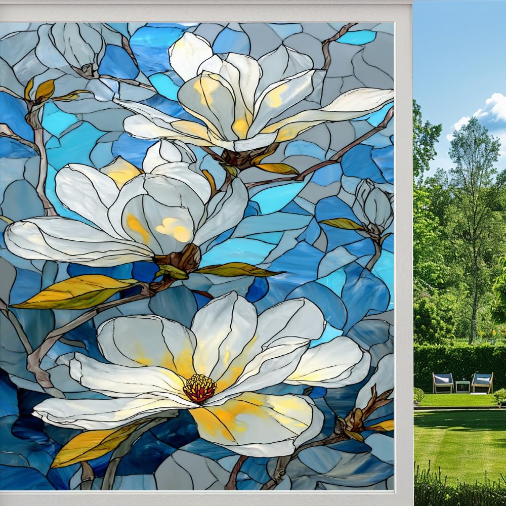 Pmlbaous Nature Magnolia Privacy Window Film, Botanical Floral Garden Frosted Self-Adhesive Vinyl Cling For Glass Doors Bathroom Windows Sun Blocking Heat Control, （55X100cm）