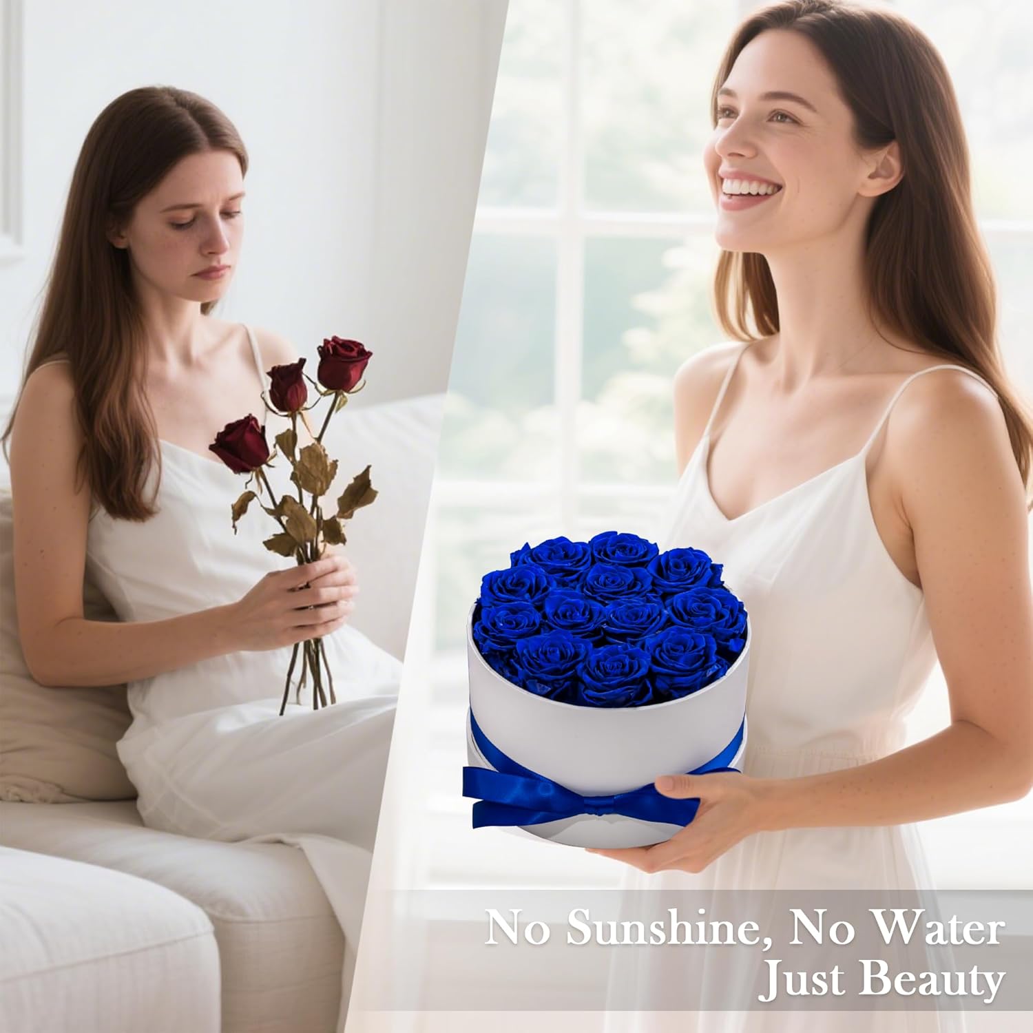 12 Preserved Roses in a Box, Blooming Real Roses Decor, Eternal Flowers for Her (Red+Blue)