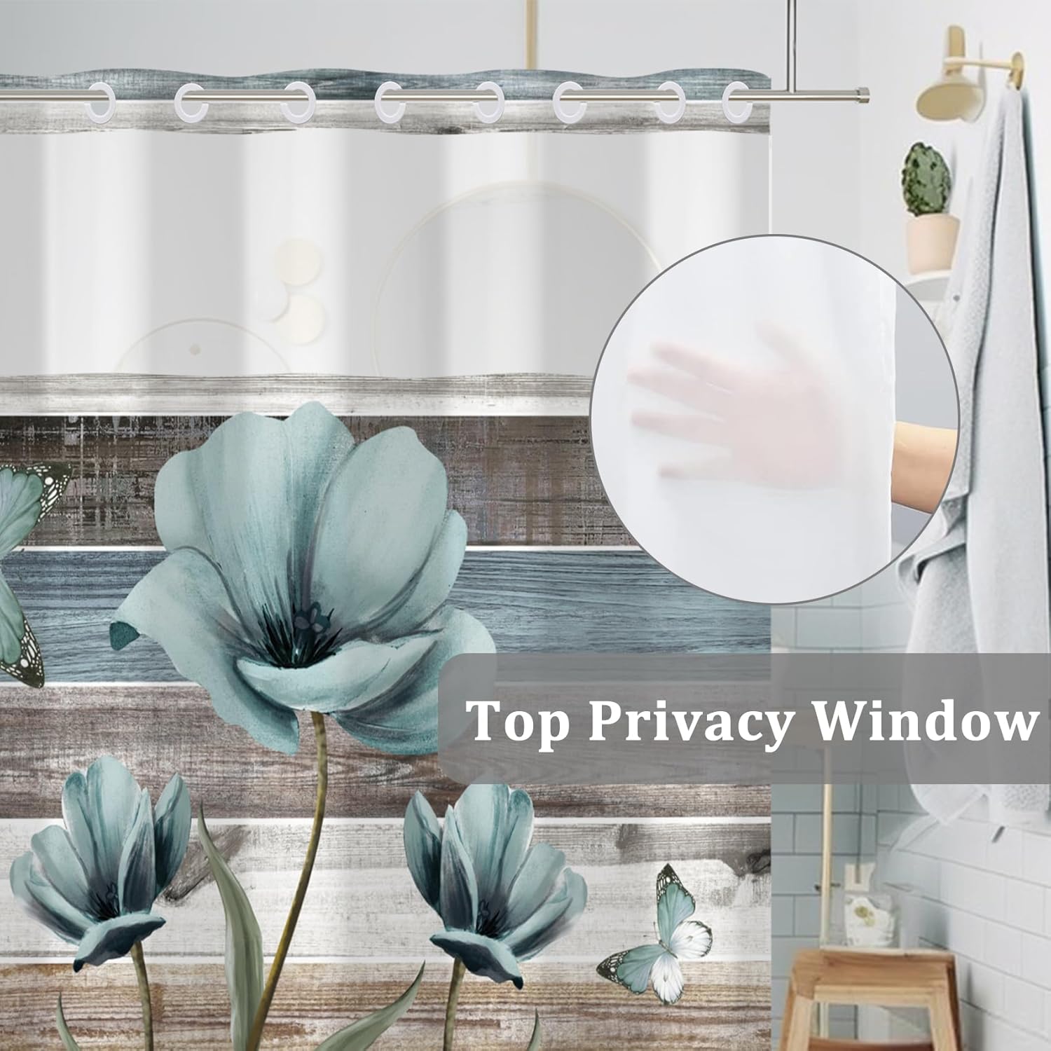Baocicco No Hooks Needed Blue Floral Shower Curtain Set with Snap-in Liner Vintage Wooden Board Farmhouse Design Double Layers Waterproof Fabric with See Through Top Window 71x83 Inch Machine Washable