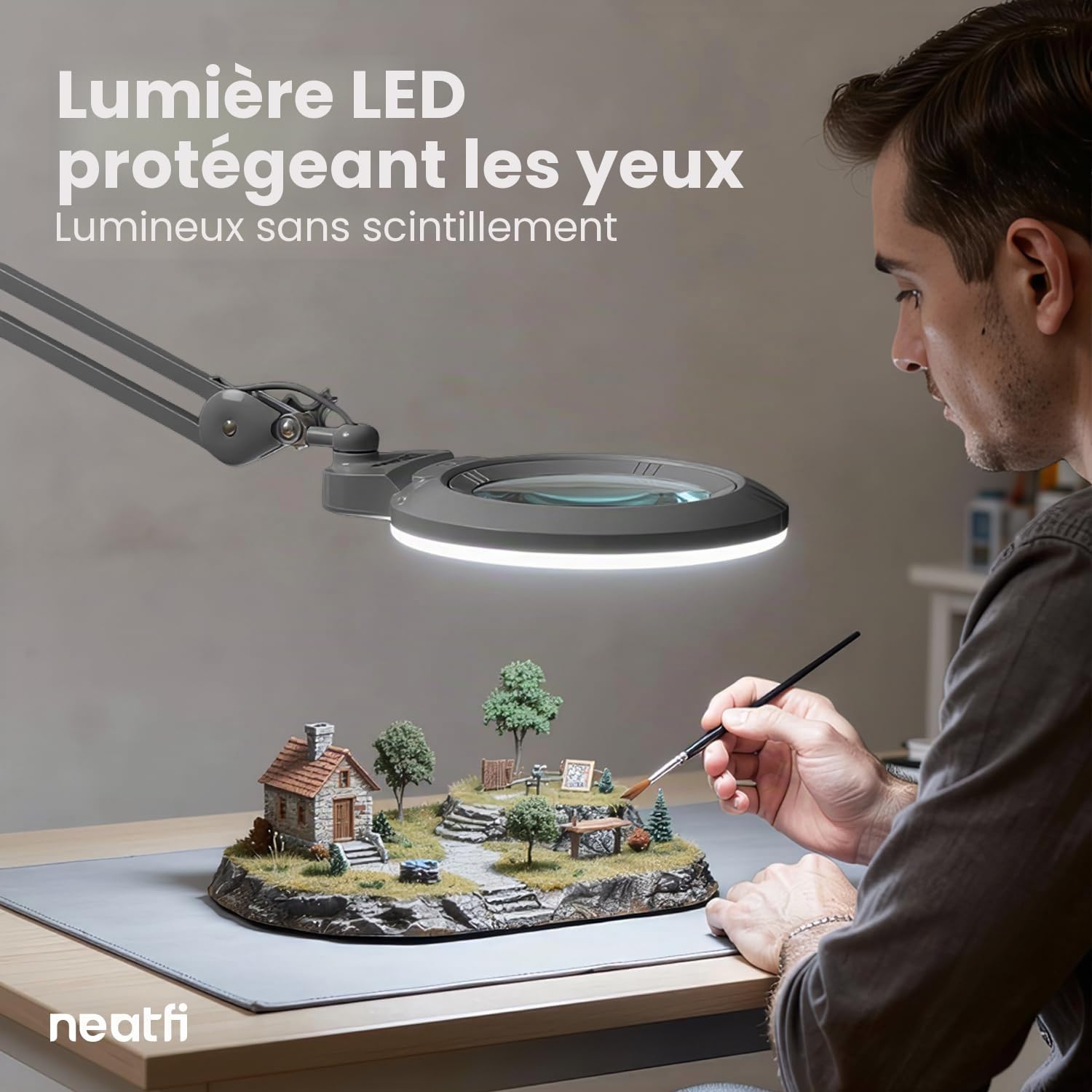 Neatfi XL Lampe Loupe LED Bifocale, Lentille Acrylique de 18 cm (7 po), Intensité Réglable | Bras Ajustable, Travail de Précision Mains Libres | Loisirs Créatifs (Argenté, lentille de 18 cm)