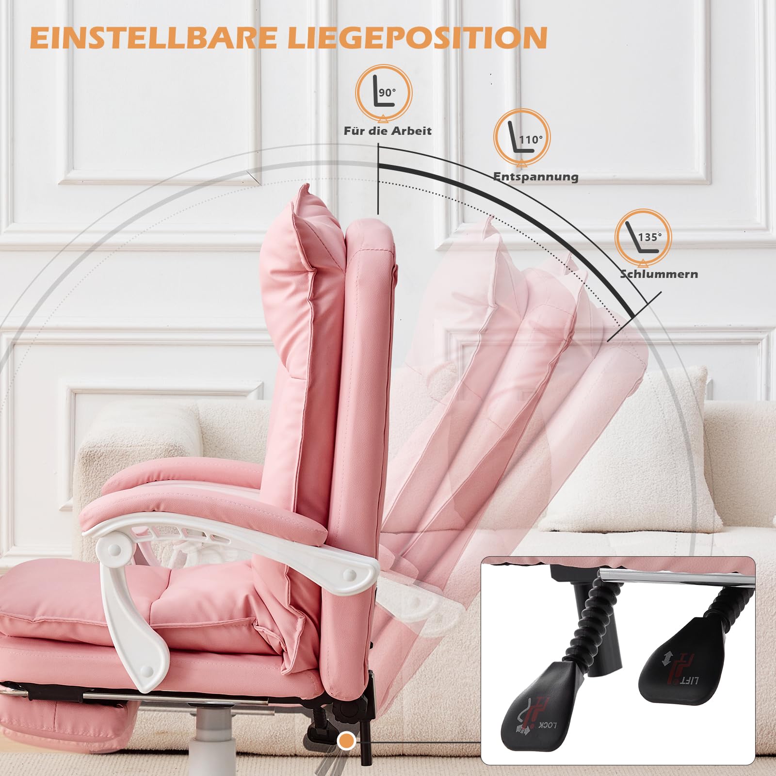 TUKAILAI Bürostuhl Ergonomisch aus Kunstleder, Schreibtischstuhl Drehstuhl Chefsessel Computerstuhl mit Verstellbarer Hoher,Rückenlehne,Gepolsterte Armlehne, Fußstütze,Höhenverstellbarer, Rosa