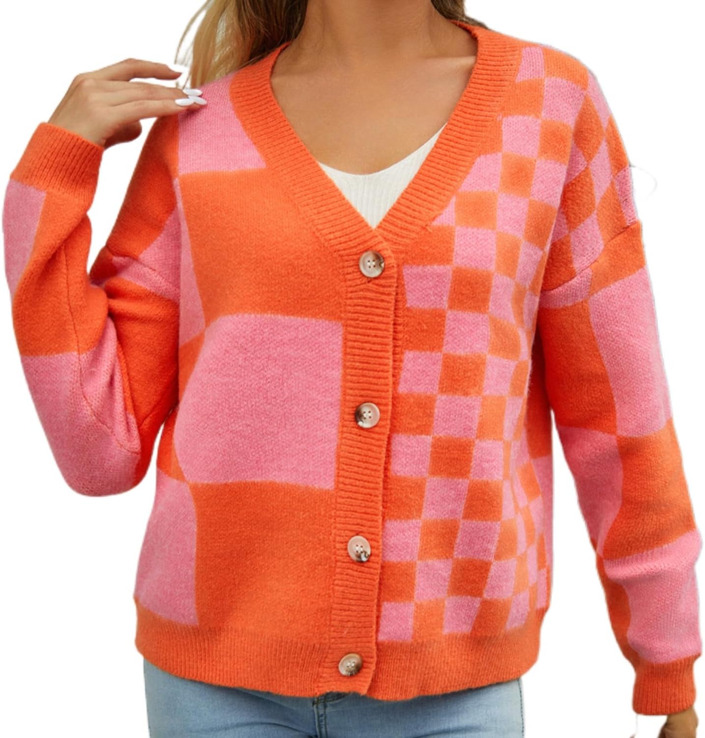 Womens Color Block Plaid Button Down Cardigan Long Sleeve Cable Knit Checkered Sweaters Tops Y2k Aesthetic Clothes