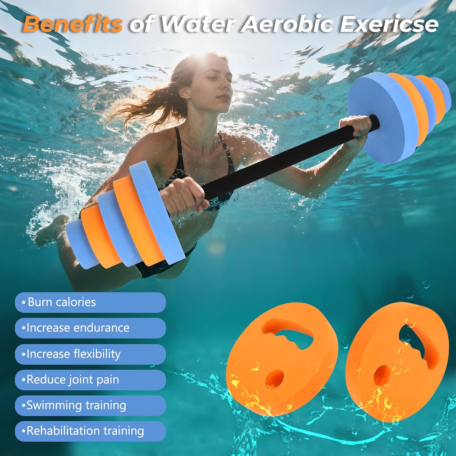 Swimming Barbell 29.3’’Pool Dumbbell with Water Exercise Discs High Density EVA Foam Aquatic Exercise Equipment Swim Dumbbell (Orange & Blue)