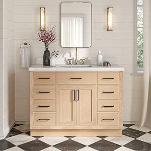 ARIEL Hepburn 48-inch Bathroom Vanity with Sink, Solid Wood, White Quartz Countertop, White Oak
