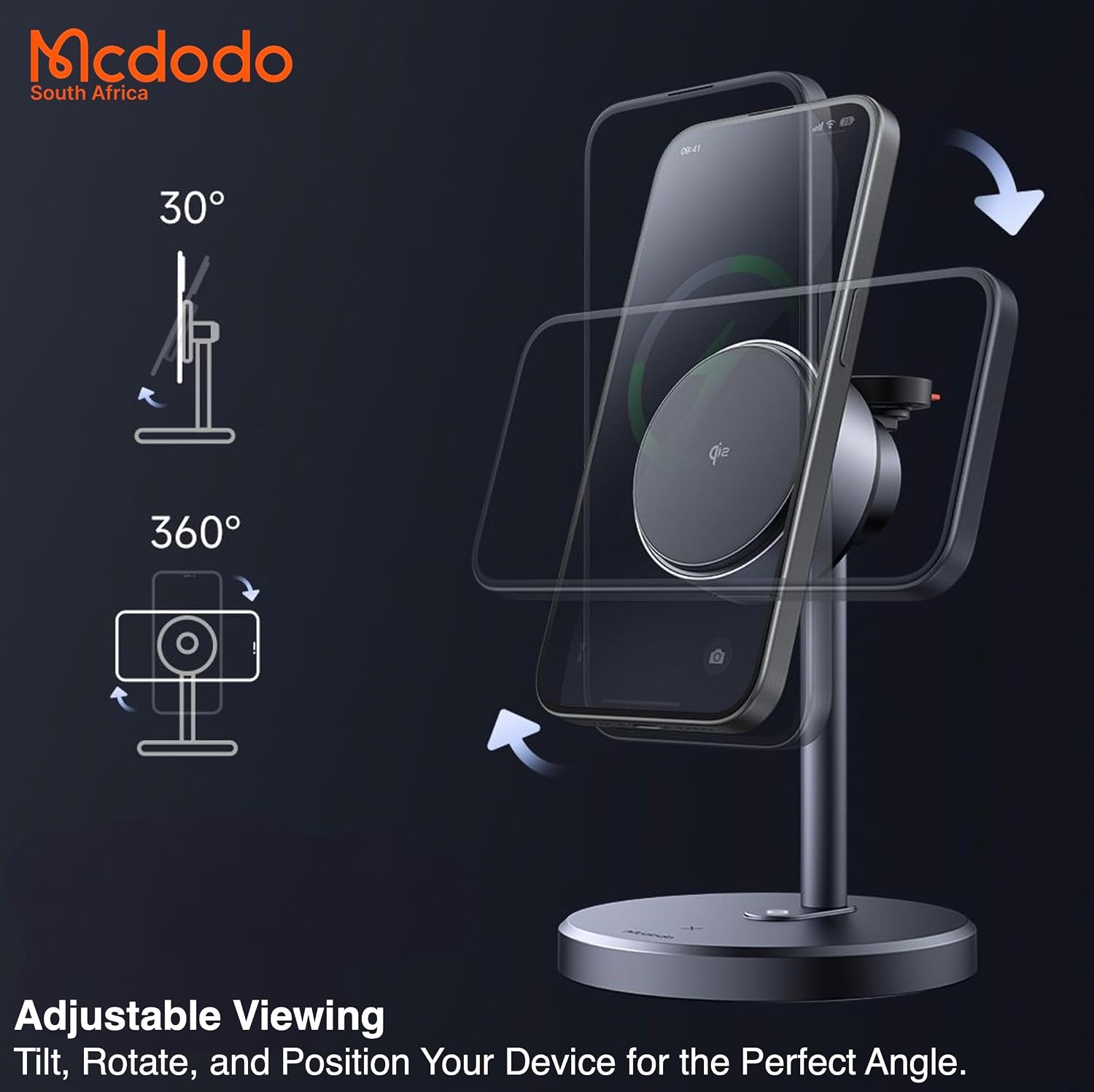 Mcdodo CH-2462 showing 30 degree tilt and 360 degree rotation capabilities