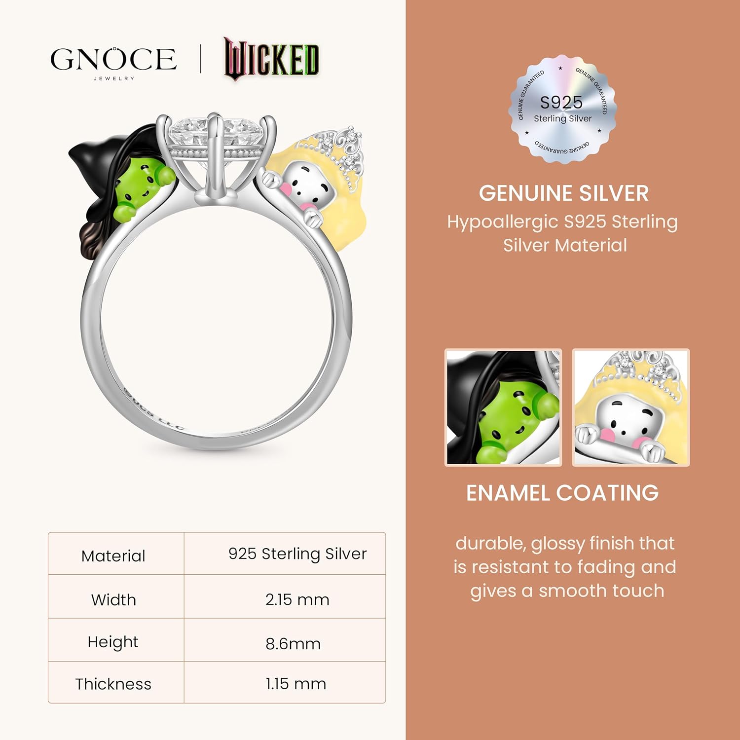 GNOCE Wicked Elphaba & Glinda Witch Hugs White Diamond Ring for Women,S925 Sterling Silver Ring for Her Wife, Valentine‘s Day, Mother’s Day, Jewelry, Size 5-9