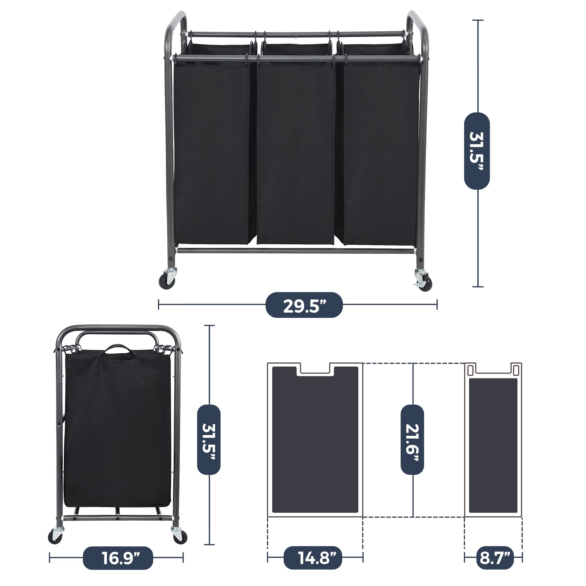 STO STO Trieur à linge à 3 sections, panier à linge à 3 sacs, panier à linge roulant, panier à linge avec roues verrouillables robustes et sac amovible pour le rangement des vêtements, noir