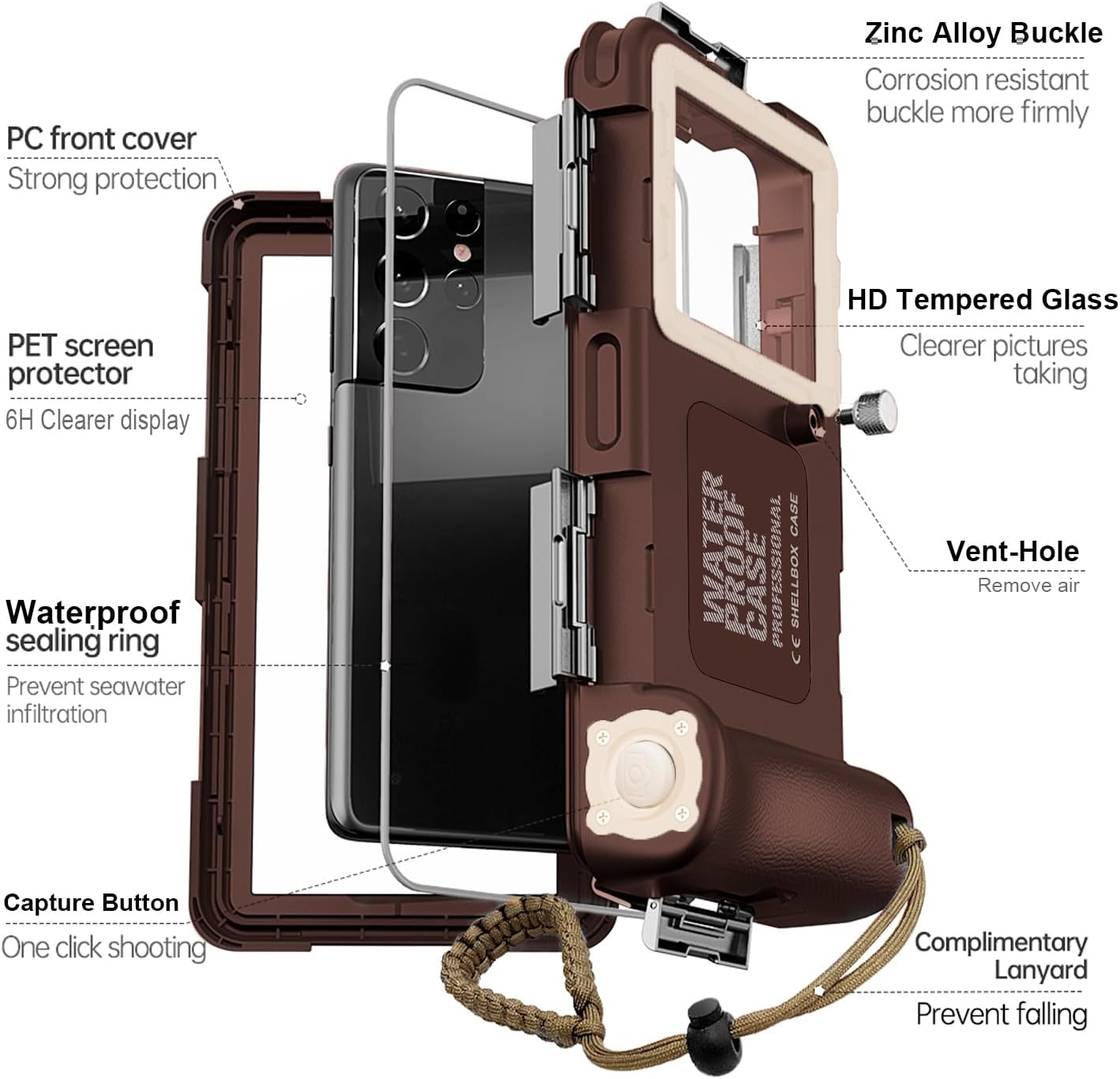 ShellBox Case Diving Case Waterproof for iPhone 17/16/15/14/13 Pro Max Plus Samsung Galaxy 26/25/24/23 Ultra, Universal Phones[4.9-6.9 Inch],Snorkeling[15m/50ft] Underwater Protector Coffee/Beige
