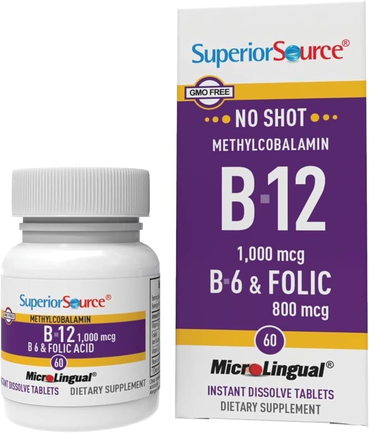 Superior Source No Shot Vitamin B-12 Methylcobalamin 1000 mcg, B-6 & Folic Acid 800 mcg – Supports Brain & Heart Health – Aids Natural Energy Levels – 60 Sublingual Dissolving Tablets