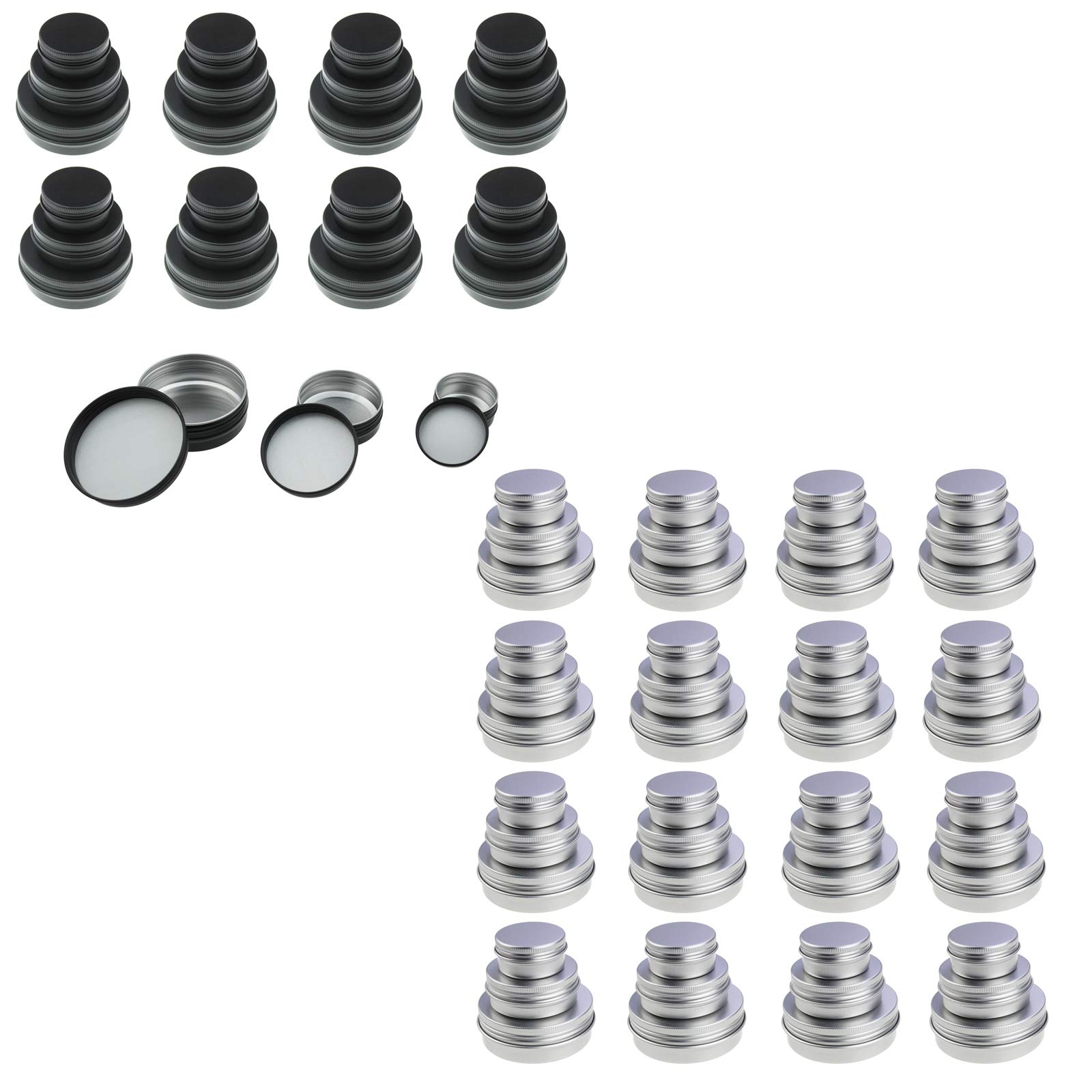 LJY Silver & Black Round Aluminum Cans Screw Lid Metal Tins Jars Empty Slip Slide Containers (Mixed Sizes)