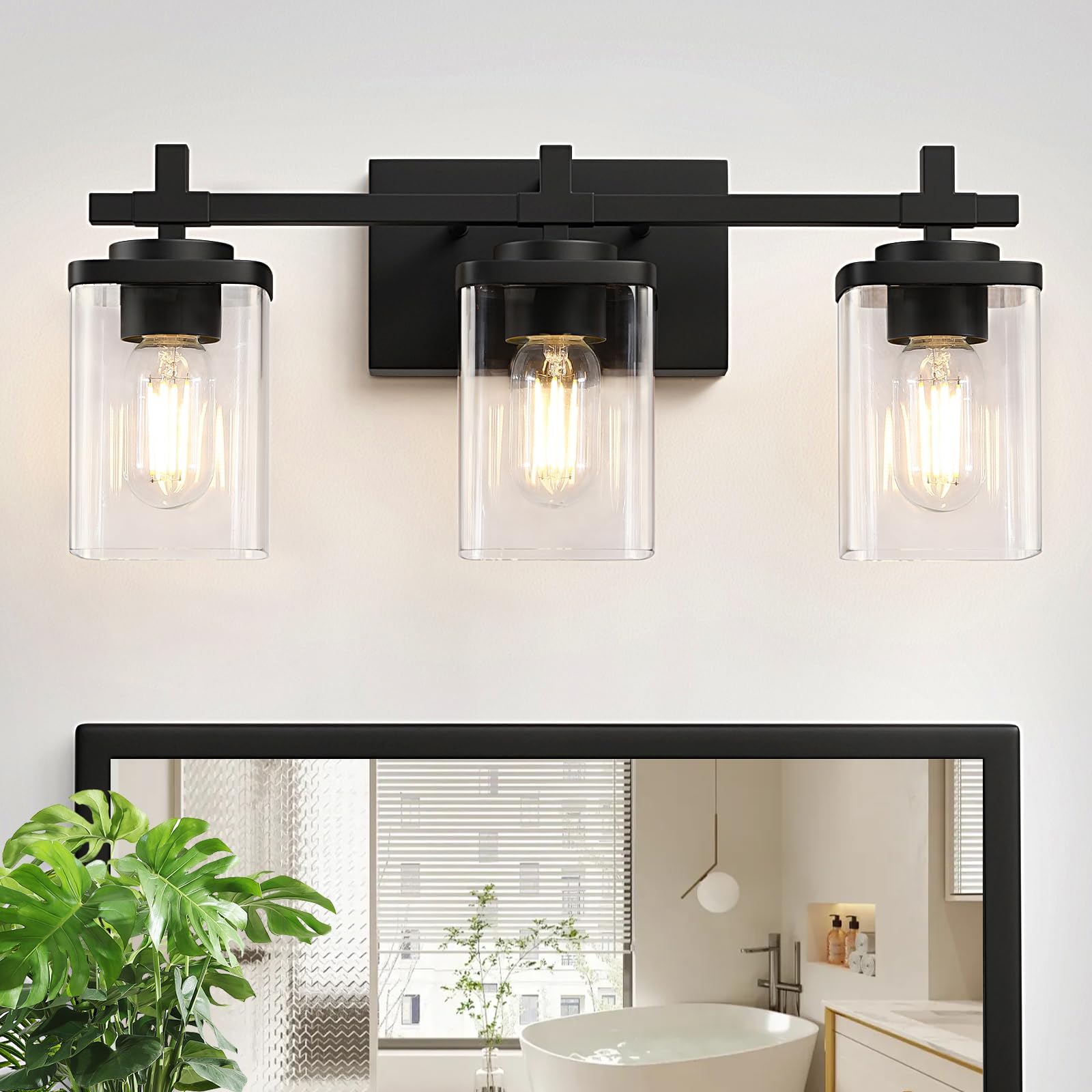 3-Lights Bathroom Vanity Light Fixtures, Modern Black Vanity Lights Over Mirror with Clear Glass Shade for Bathroom, Wall Mounted Lamp for Bedroom Hallway Living Room