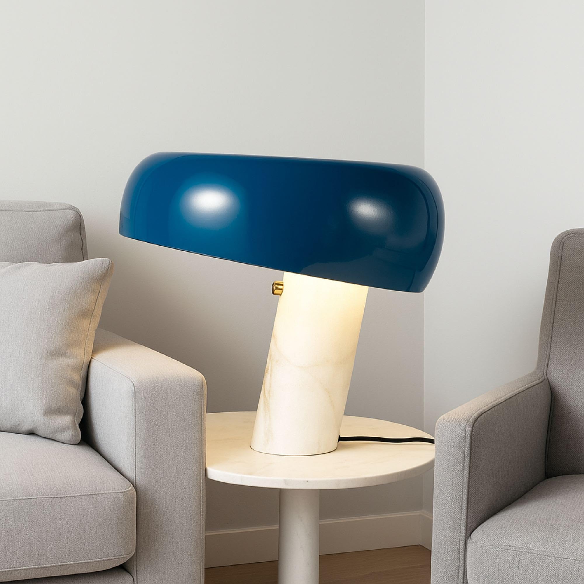 BARCELONA LED Lámpara de Mesa Moderna Azul con Base de Mármol Blanco, Diseño Clásico y Lujoso para Escritorio, Mesita de Noche o Sala, Estilo Retro y Elegante Pequeña Luz Directa E27, 40cm