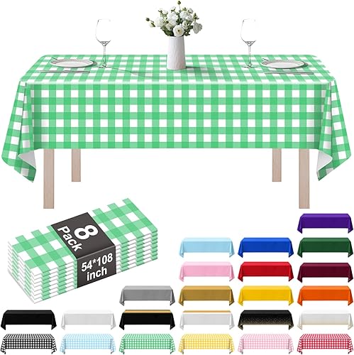Vista 9 de Paquete de 8 manteles de plástico de 54 x 108 pulgadas, manteles desechables para mesas de 6 a 8 pies, mantel rectangular para mesas para fiestas