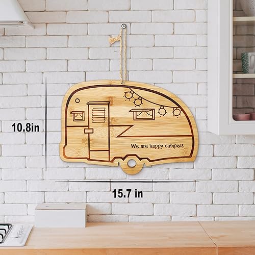 Miniatura 4 de Happy Camper Tabla de cortar grande de bambú, tabla de fideos de madera para caravana, tabla de cortar carne para barbacoa, tabla de tallar para