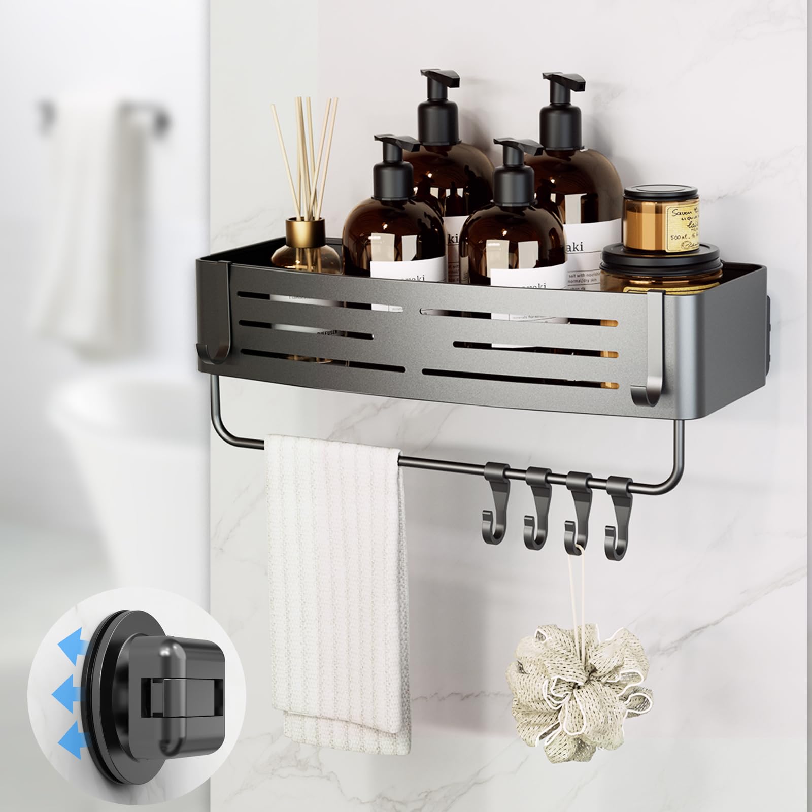 Onemake Suction Cup Shower Caddy, No Drilling Bathroom Organizer Shelf, Strong Vacuum Suction Holds up to 22 lbs, Removable Shower Shelf for Tile Glass, Kitchen & Bathroom Storage Basket, Grey โ image 1