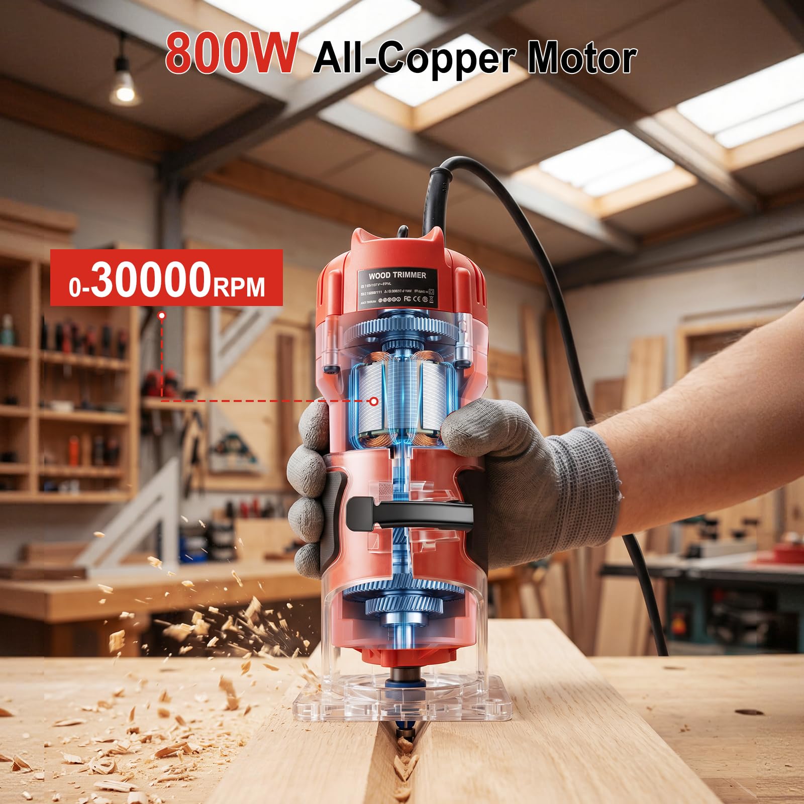 Fresadora de Madera Rebajadora Eléctrica 800W 30000RPM, Fresadora de Mano con Juego de 15 Fresas de 1/4" (6,35mm) y Base Transparente, Herramienta de Carpintería para Bricolaje, Talla y Recorte
